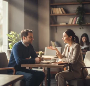 Two professionals having a one-on-one coffee meeting conversation about networking tips in a quiet cafe setting