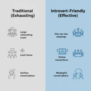 Side by side comparison showing introvert-friendly networking methods versus traditional approaches