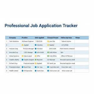 Job application tracking spreadsheet showing columns for company, position, date, status, and follow-up