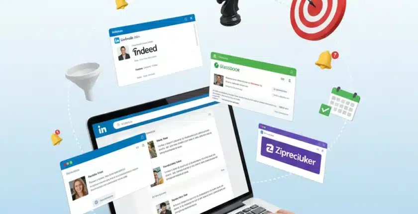 Multiple job board interfaces with strategic planning elements and professional searching online