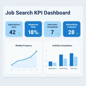 Dashboard showing key job search metrics including applications sent, response rate, and interviews scheduled
