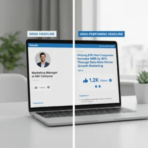 Side by side comparison of weak versus strong LinkedIn headlines with engagement metrics