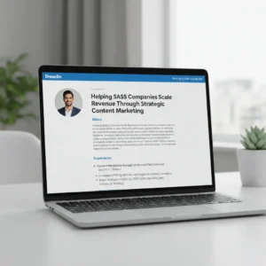 Optimized LinkedIn profile showing professional headline, summary section, and featured work examples