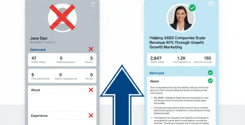 LinkedIn profile optimization before and after comparison showing dramatic improvement in visibility