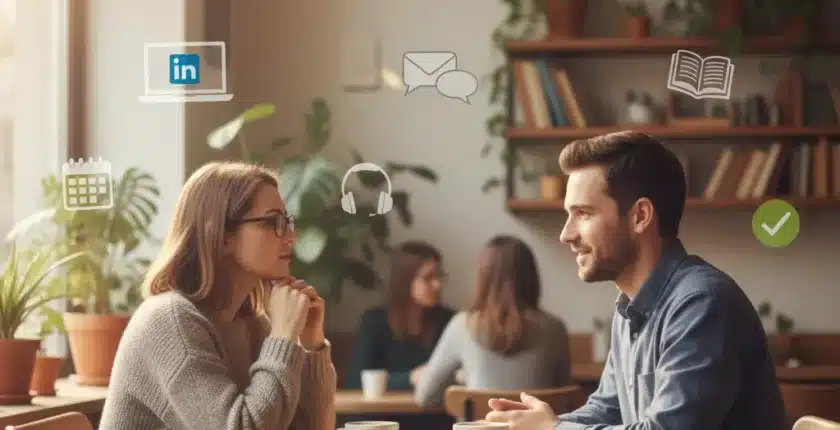 Two professionals having authentic one-on-one coffee conversation with introvert-friendly networking icons