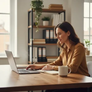 Professional taking online best career courses on laptop with notebook and coffee in modern workspace