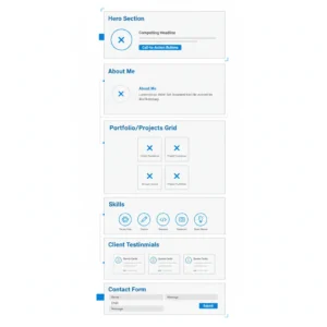 Labeled diagram showing essential sections of portfolio homepage including hero, about, projects, and contact