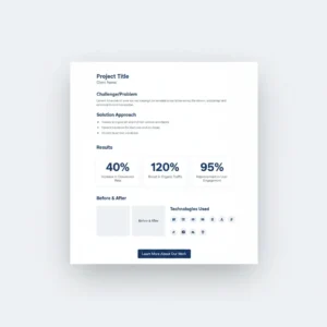 Portfolio project case study page showing problem, solution, and results with before/after images