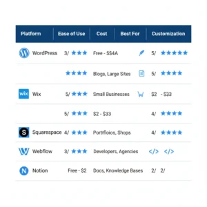 Comparison chart showing features, pricing, and ease of use for top 5 portfolio website builders