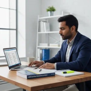 Professional studying for certification exam with study materials and laptop in organized workspace