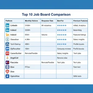 Comparison table of top 10 job boards showing user base, job types, and effectiveness ratings