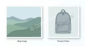Side by side comparison of blog image watermark position versus product photo watermark position