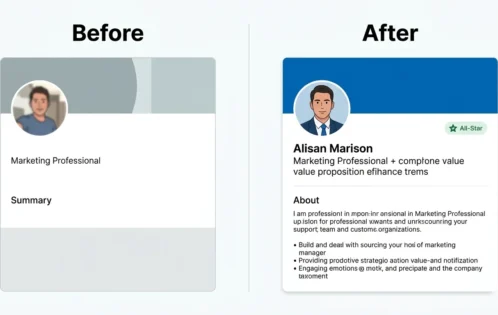 LinkedIn profile optimization before and after weak versus fully optimized profile with All-Star status, keyword-rich headline, and professional photo