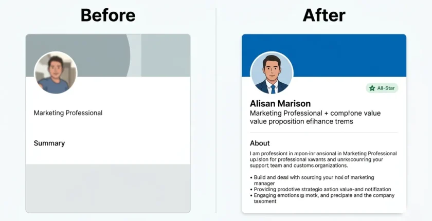 LinkedIn profile optimization before and after weak versus fully optimized profile with All-Star status, keyword-rich headline, and professional photo